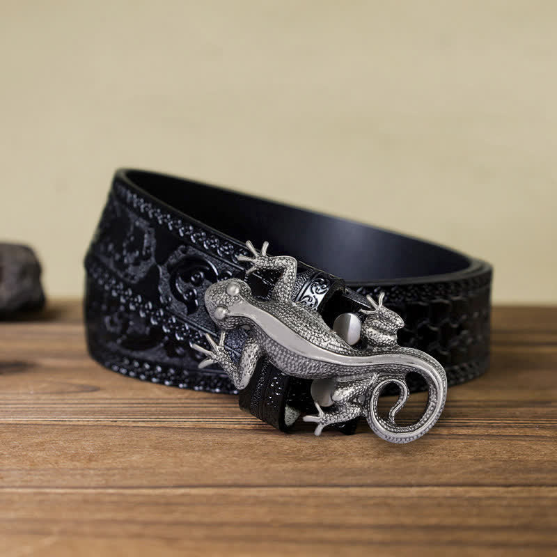 Men's DIY Unique Animal Silver Lizard Buckle Leather Belt - Lizard - Black Carved Belt (40) - image 10