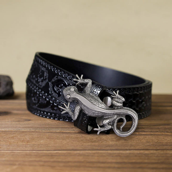 Men's DIY Unique Animal Silver Lizard Buckle Leather Belt - Lizard - Black Carved Belt (40) - image 10