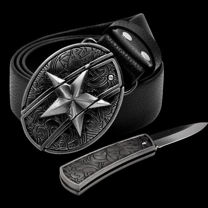 Men's Alone Pentagram Leather Belt With Folding Knife - Pentagram - 46 - image 0