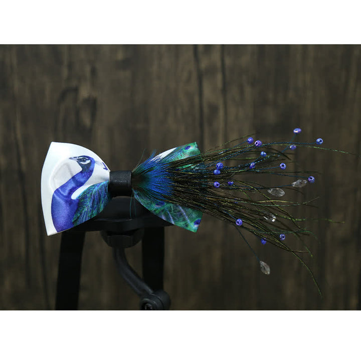 Blue Peacock Tail Beaded Feather Bow Tie - image 4