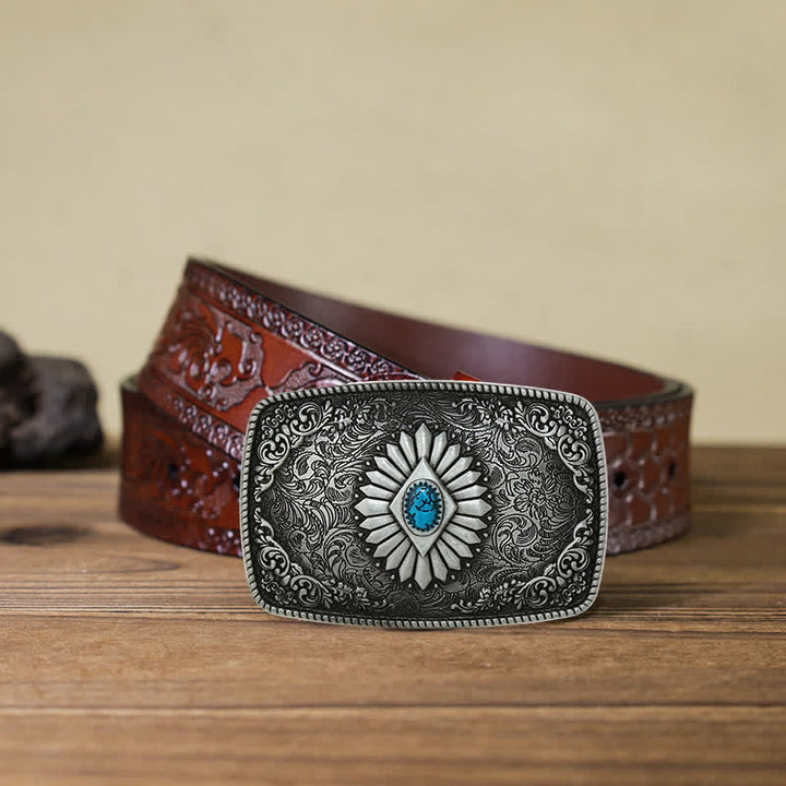 Men's DIY Square Turquoise Western Buckle Leather Belt - Antique Silver - Brown Carved Belt (40) - image 20