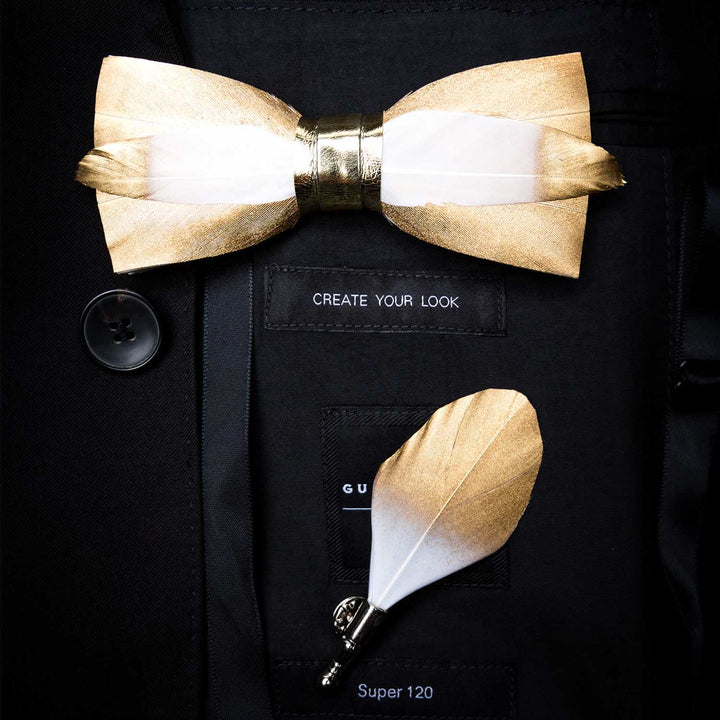 Gold & White Butterscotch Feather Bow Tie with Lapel Pin - Adult - image 0