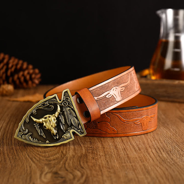 Men's Domineering Bull Head Ethnic Style Leather Belt - Brown / Gold - 42 - image 6