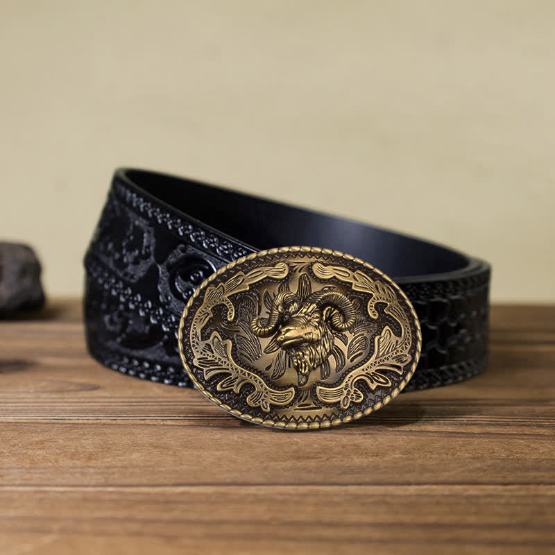 Men's DIY Bronze Wild Goat Head Buckle Leather Belt - Wild Goat - Black Carved Belt (40) - image 9