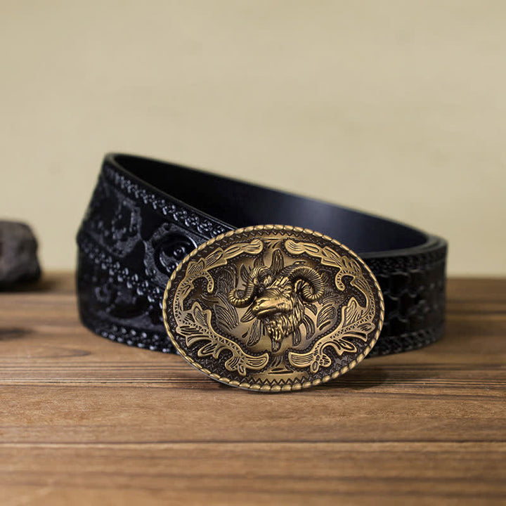 Men's DIY Bronze Wild Goat Head Buckle Leather Belt - Wild Goat - Black Carved Belt (40) - image 9