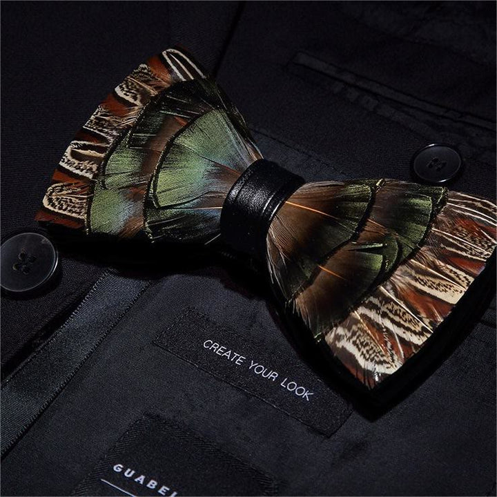 Kid's Brown & Green Forest Retro Feather Bow Tie with Lapel Pin - image 1