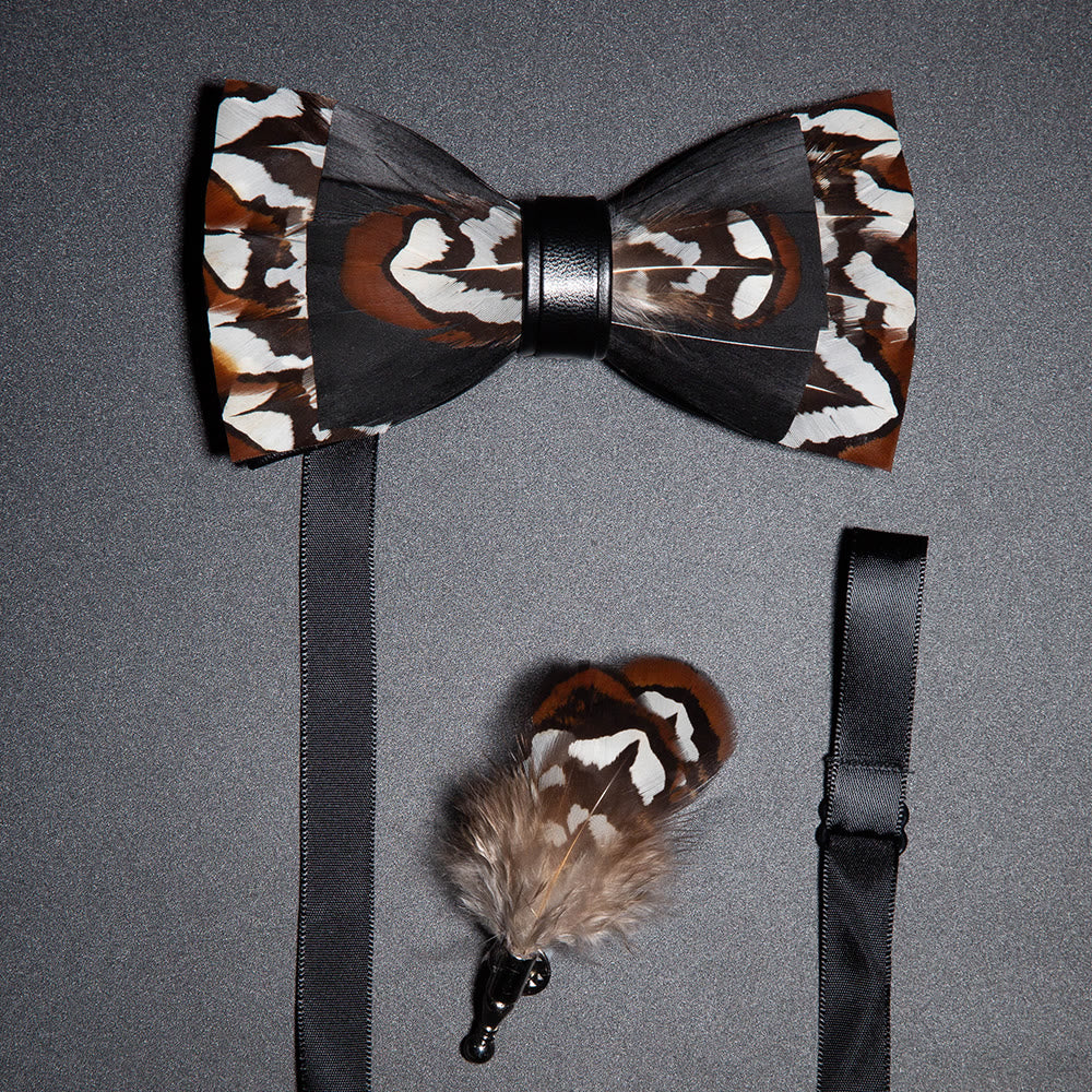 Black & Brown Gentle Feather Bow Tie with Lapel Pin - Black & Brown - image 0