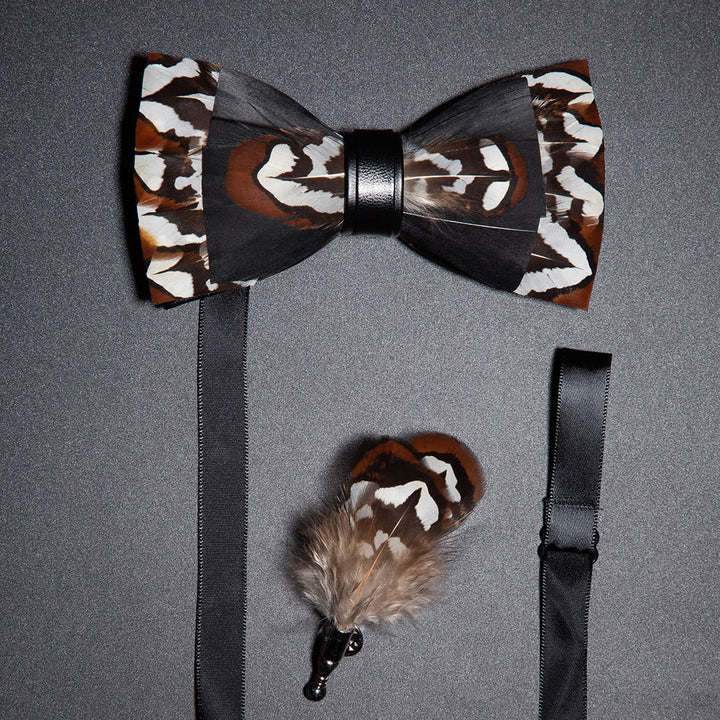 Black & Brown Gentle Feather Bow Tie with Lapel Pin - Black & Brown - image 0
