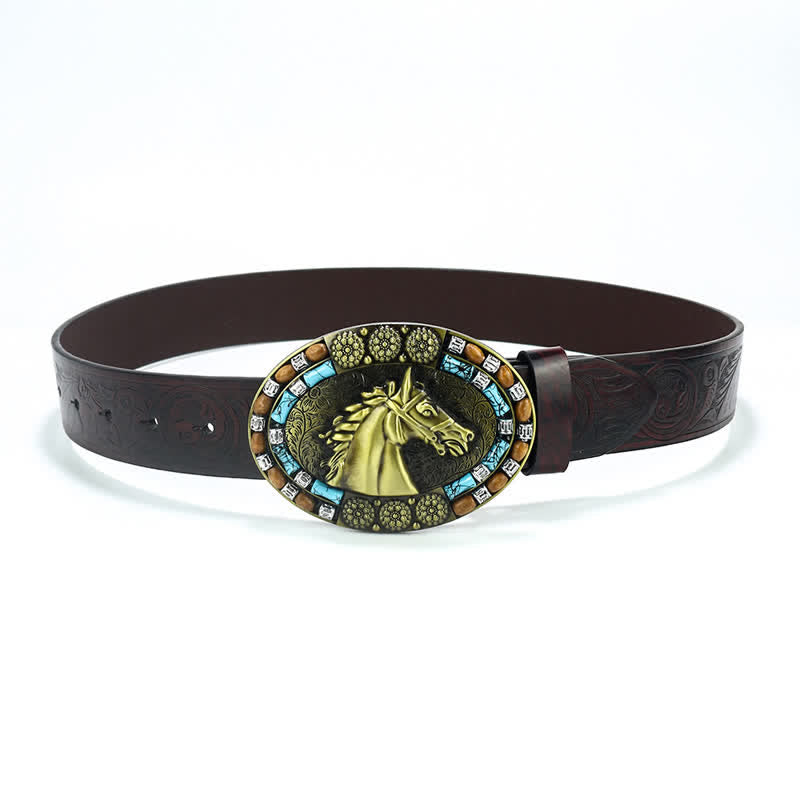 Men's Cowboy Horse Head Turquoise Leather Belt - image 2
