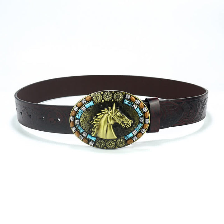 Men's Cowboy Horse Head Turquoise Leather Belt - image 2