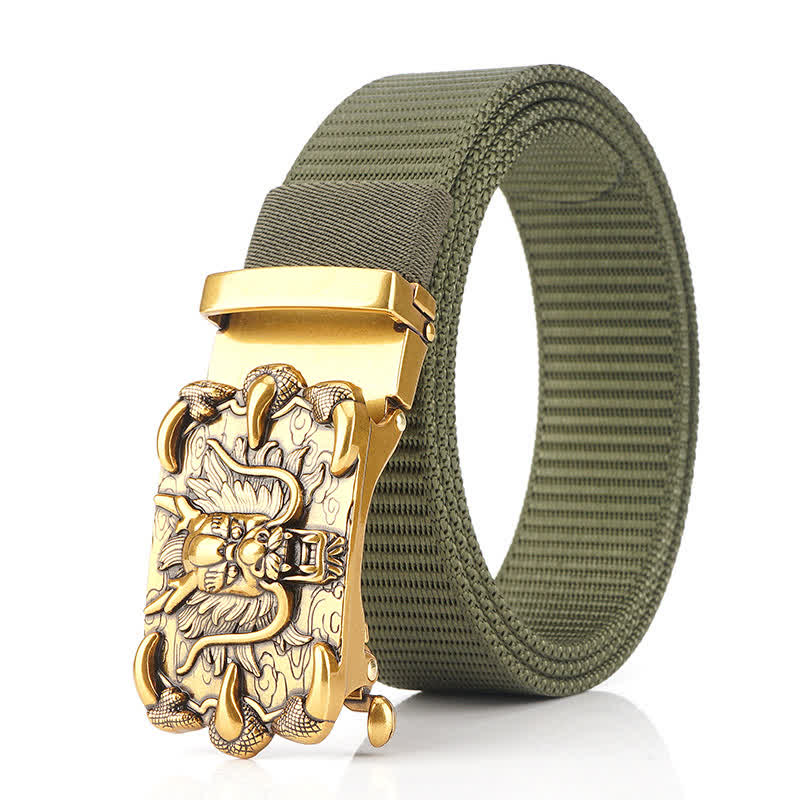 Men's Casual Dragon Decor Nylon Belt - Army Green / Gold - 48" - image 17
