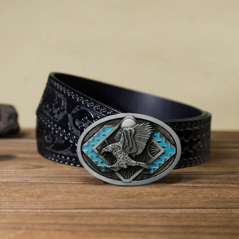 Men's DIY Enamel Landing Eagle Buckle Leather Belt - Eagle - Black Carved Belt (40) - image 7