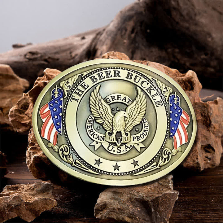 Men's DIY Eagle USA Flag Creative Beer Holder Buckle Leather Belt - Bronze - Without Belt - image 0