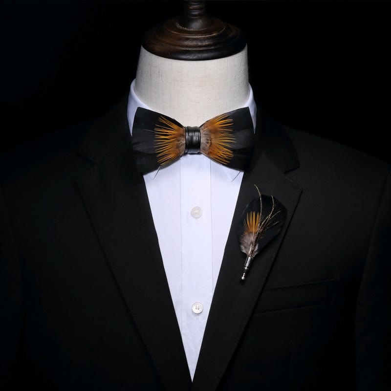 Kid's Orange & Black Sunflower Feather Bow Tie with Lapel Pin - image 3