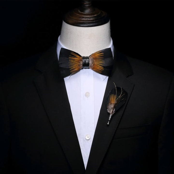 Kid's Orange & Black Sunflower Feather Bow Tie with Lapel Pin - image 3