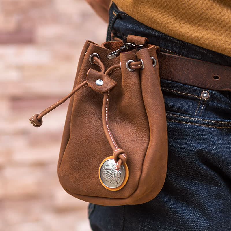 Small Wallet Coin Purse Drawstring Leather Belt Bag - Brown - image 0