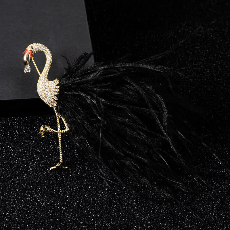 Sparkling Flamingo Zircon Feather Brooch - Black - image 4
