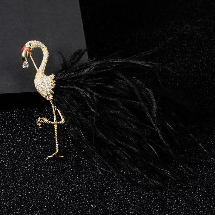 Sparkling Flamingo Zircon Feather Brooch - Black - image 4