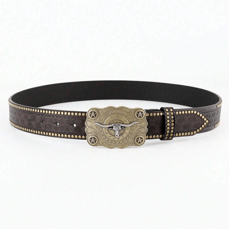 Men's Longhorn Bull Head Studded Decor Leather Belt - image 2