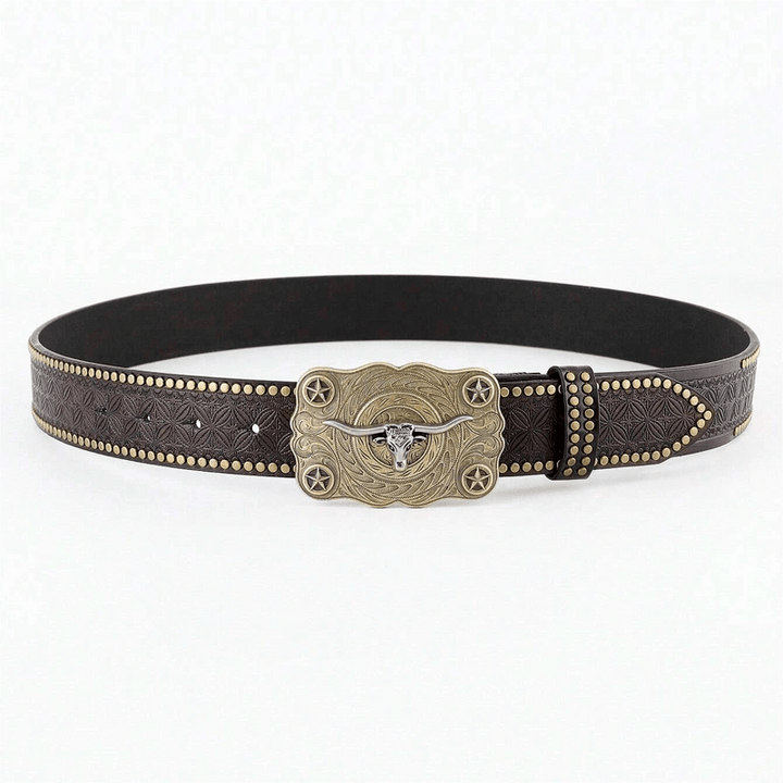 Men's Longhorn Bull Head Studded Decor Leather Belt - image 2