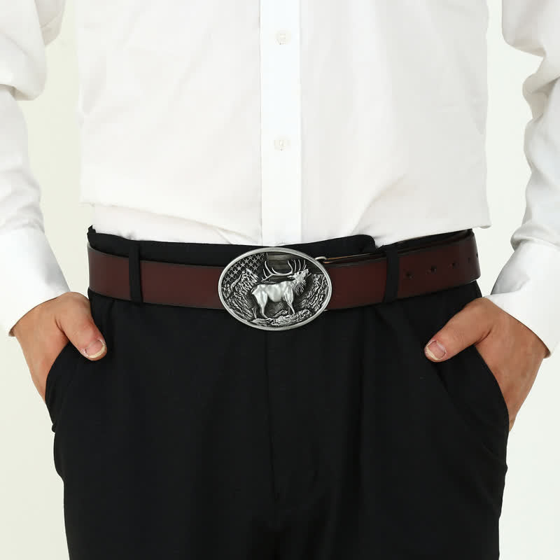 Men's DIY Elk Deer American Flag Buckle Leather Belt - image 2