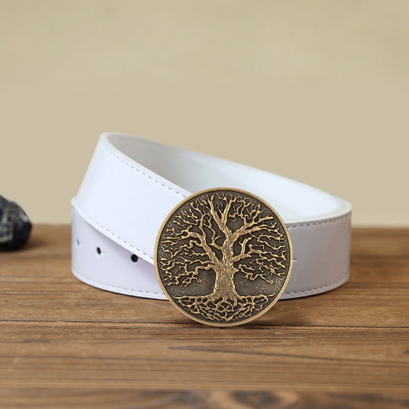 Men's DIY Tree of Life Round Buckle Leather Belt - Bronze - White PU Belt (40) - image 10