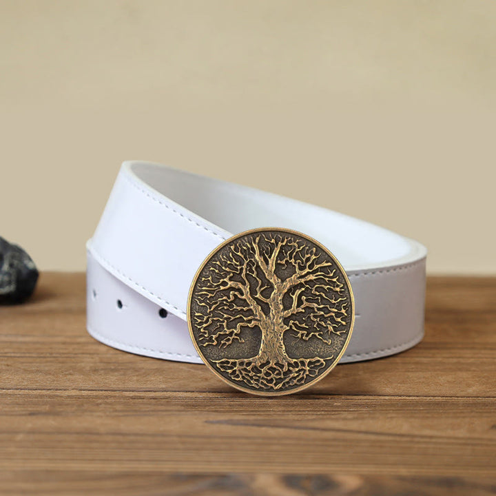Men's DIY Tree of Life Round Buckle Leather Belt - Bronze - White PU Belt (40) - image 10
