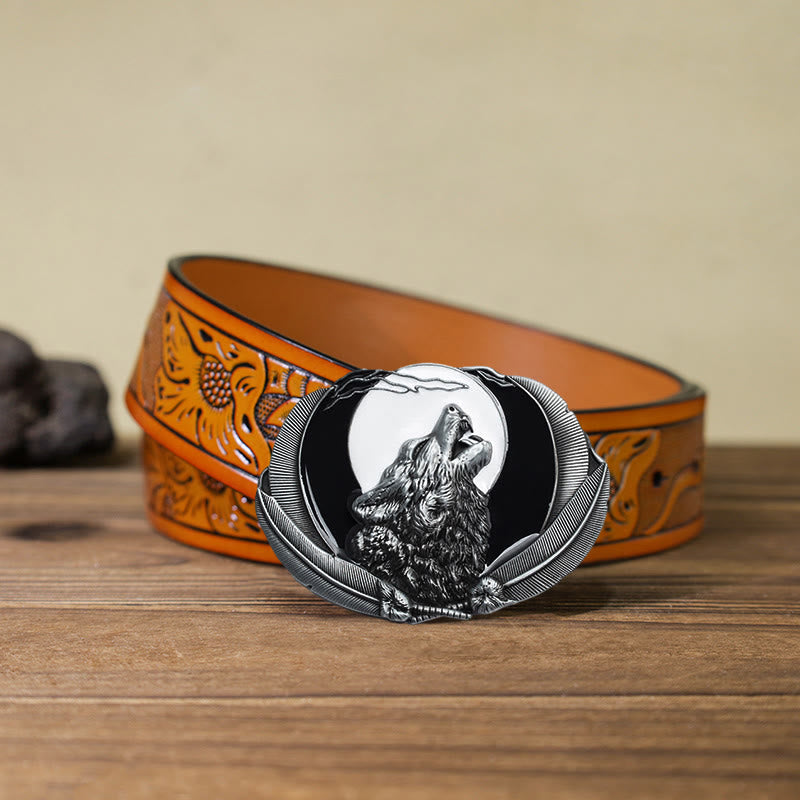 Men's DIY Howling Wolf Moon Oval Buckle Leather Belt - White - Orange Carved Belt (40) - image 19
