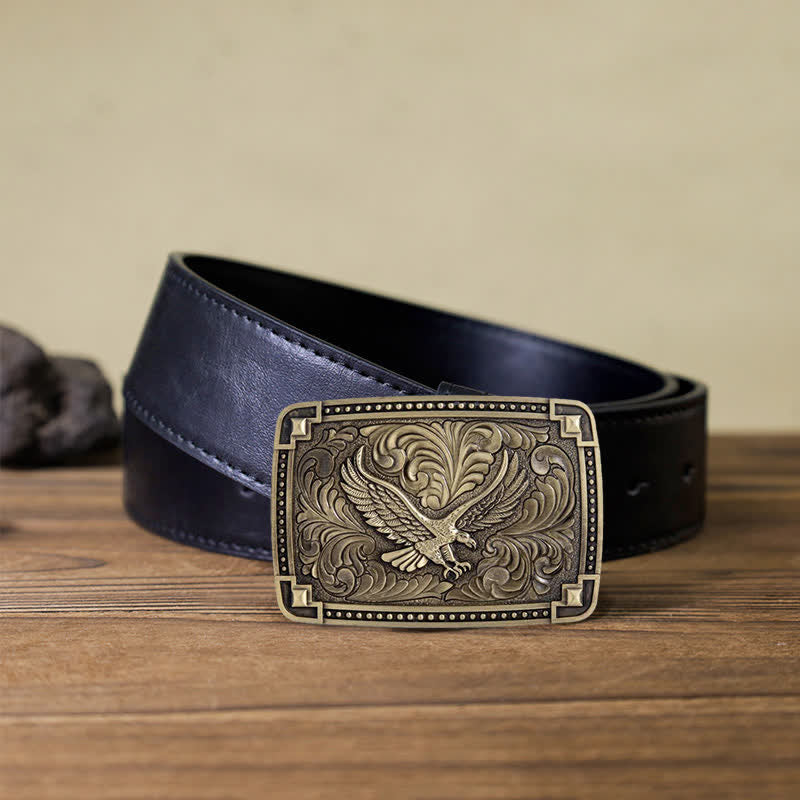 Men's DIY Soaring Eagle In Dreamy Sky Buckle Leather Belt - Antique Bronze - Black PU Belt (40) - image 5