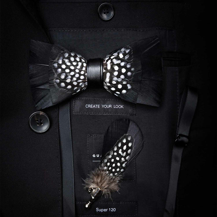 Black & White Dots Feather Bow Tie with Lapel Pin - Adult - image 0