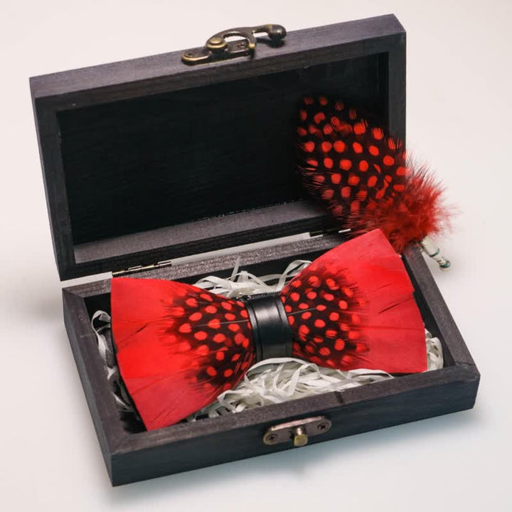 Red & Black Finch Feather Bow Tie with Lapel Pin - image 5