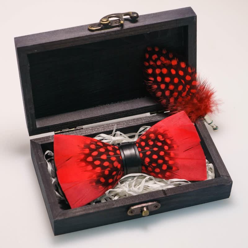 Kid's Red & Black Finch Feather Bow Tie with Lapel Pin - image 7