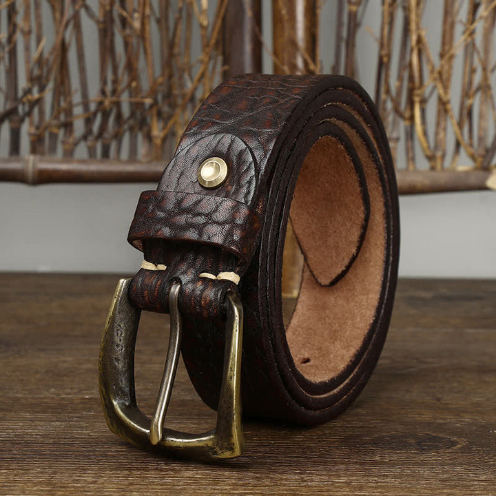 Men's Retro Yak Skin Pattern Leather Belt - Coffee - 46 - image 0