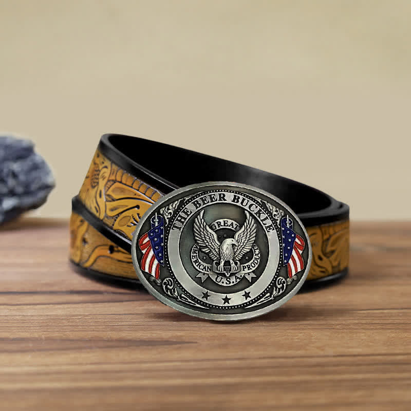 Men's DIY Eagle USA Flag Creative Beer Holder Buckle Leather Belt - Silver - SandyBrown Belt (40) - image 31