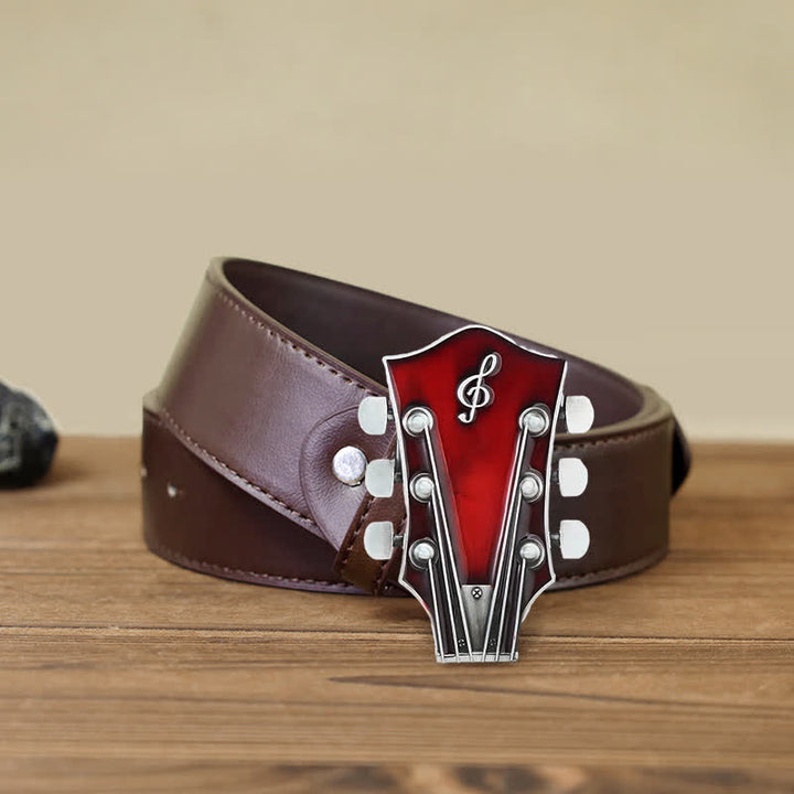 Men's DIY Musical Guitar Headstock Buckle Leather Belt - Red - Brown PU Belt (40) - image 16