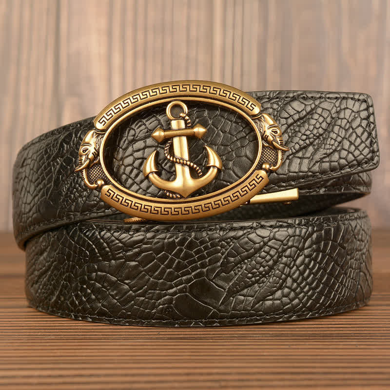 Men's Nautical Anchor Crocodile Embossed Leather Belt - Gold & Black - Crocodile Claw - 44 - image 15