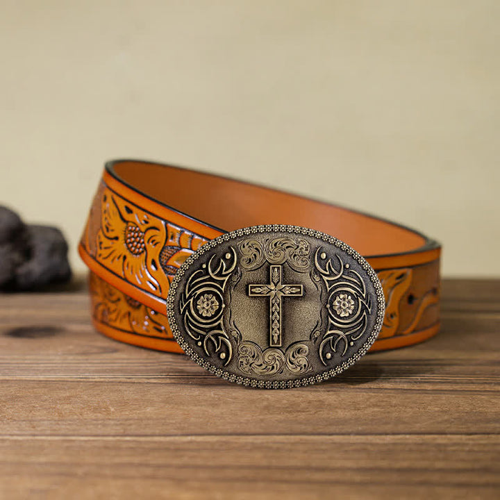 Men's DIY Faith Cross Floral Buckle Leather Belt - Antique Bronze - Orange Carved Belt (40) - image 24