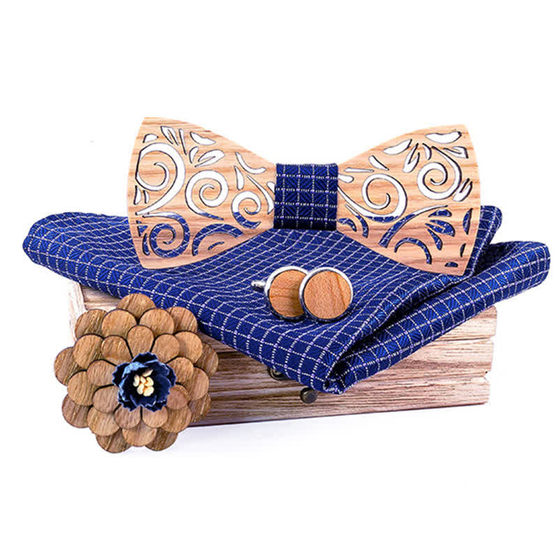 4Pcs Men's Hollow Leaf Design Wooden Bow Tie Set - Navy Chequer - image 11