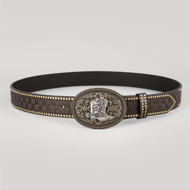 Men's Retro Silver Boots Oval Buckle Leather Belt - image 2