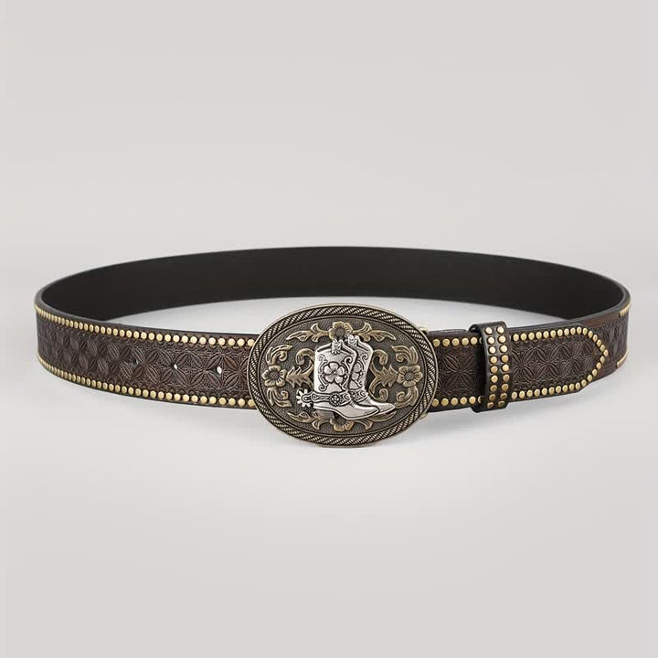 Men's Retro Silver Boots Oval Buckle Leather Belt - image 2