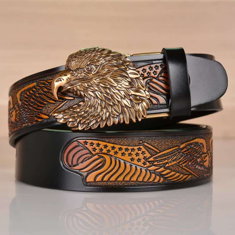 Men's Intricate Eagle Head Automatic Buckle Leather Belt - Black / Bronze - 46 - image 0