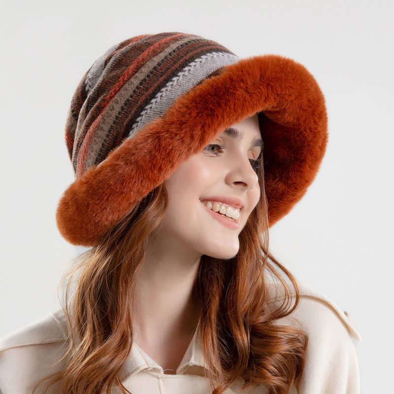 Women's Striped Warm Plush Brim Bucket Hat - image 3