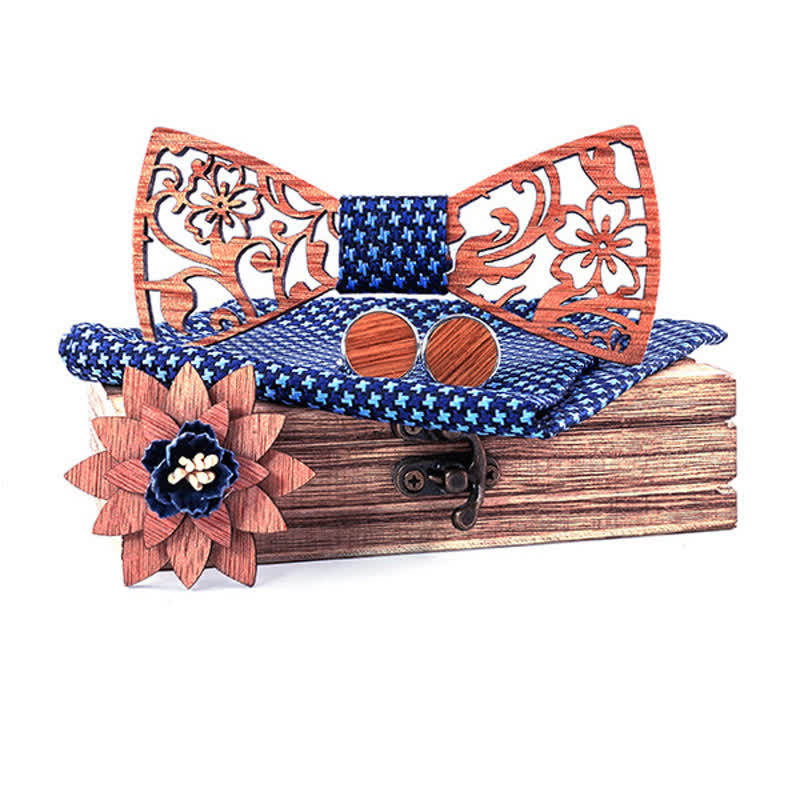 4pcs Men's Hollow Floral Wooden Bow Tie Set - SkyBlue - image 12
