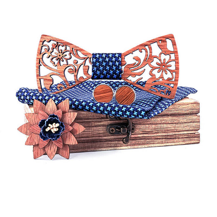 4pcs Men's Hollow Floral Wooden Bow Tie Set - SkyBlue - image 12