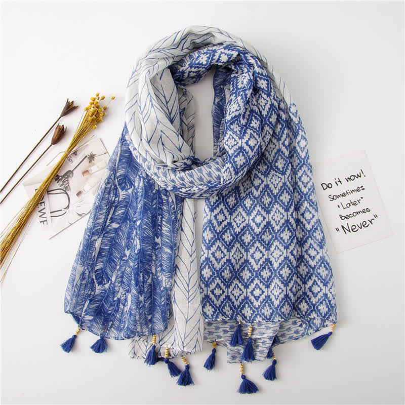 Women's Feather Pattern Beaded Tassels Scarf - Blue - image 0
