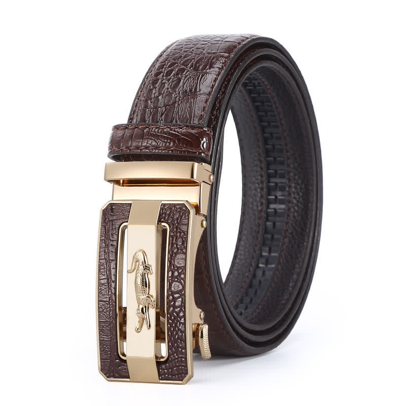 Men's Crocodile Pattern Automatic Buckle Leather Belt - Style #1 - Brown / Gold - 44 - image 1