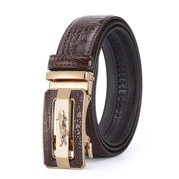 Men's Crocodile Pattern Automatic Buckle Leather Belt - Style #1 - Brown / Gold - 44 - image 1