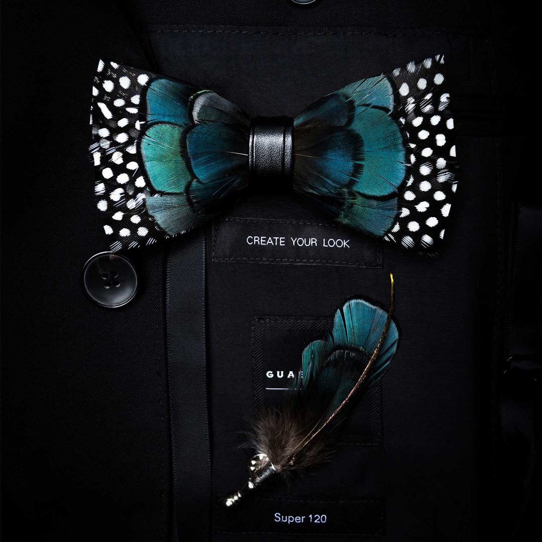 Turquoise & Black Feather Bow Tie with Lapel Pin - Adult - image 0