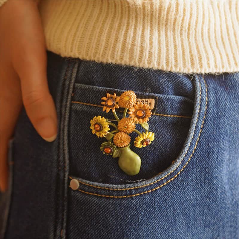 Women's Enamel Sunflower Vase Brooch - image 5