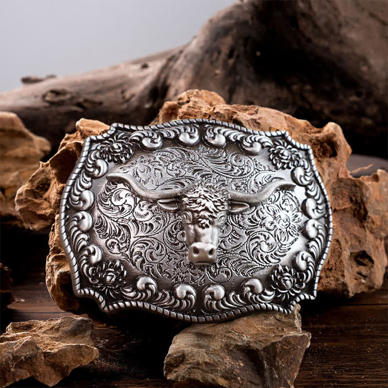 Men's DIY Longhorn Bull Antiqued Silver Buckle Leather Belt - Silver - Without Belt - image 2